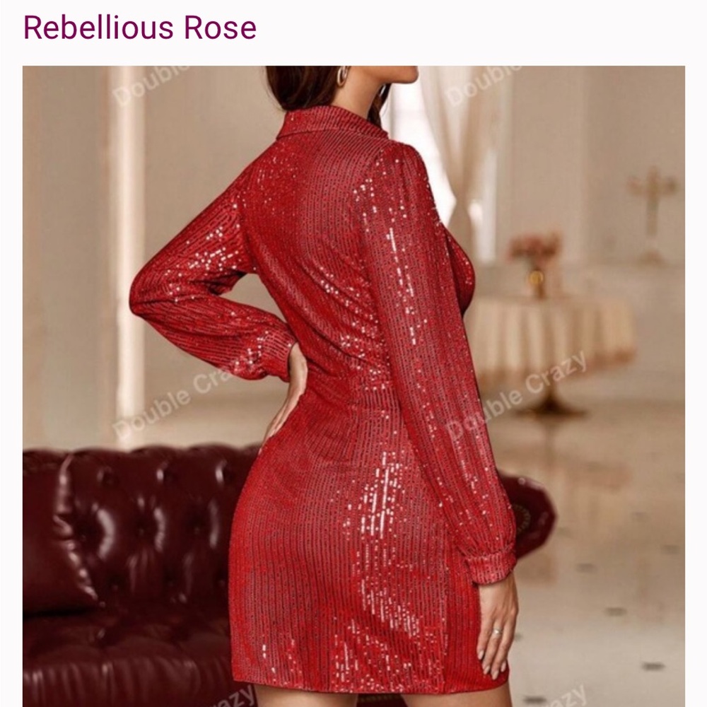 Red Sequin Wrap Dress Long Sleeve V Neck Double Crazy Size S Party Club Mini - Picture 11 of 11